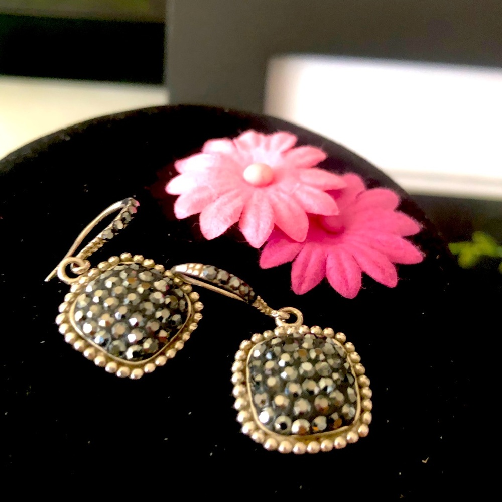 925 Sterling Silver earrings. Black crystals.